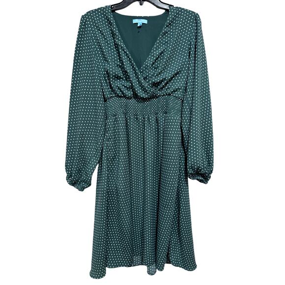 Draper James RSVP Long Sleeve Midi Dress Women M Green Polka Dot Smocked Waist - Picture 2 of 7